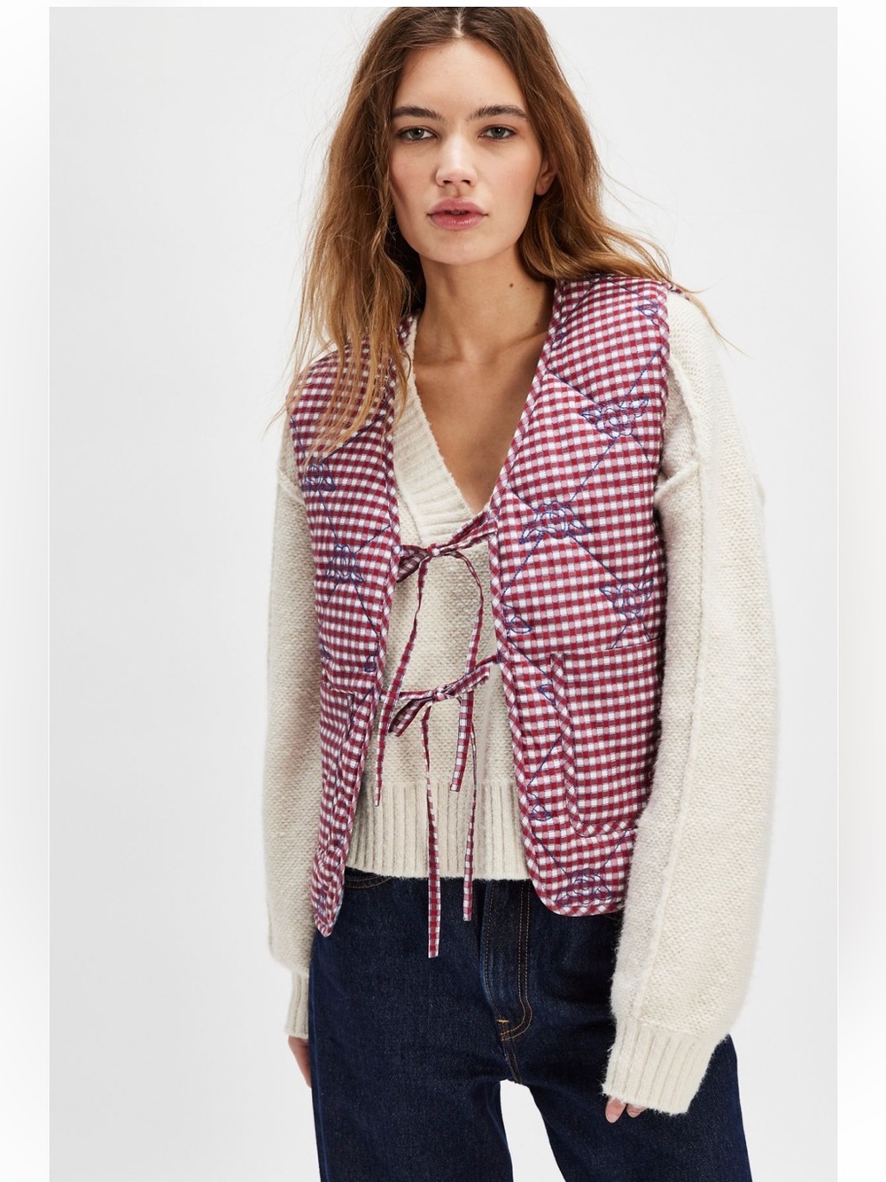 Free People Damson Madder Arte Gilet Reversible Vest Size 14 Blue Red Floral